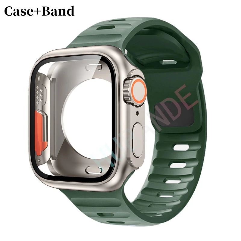 Silicone strap For Apple Watch 44mm 45mm 41mm 40mm Bracelet+Screen protectores Change to Ultra For iWatch Series 9 8 7 SE 6 5 3
