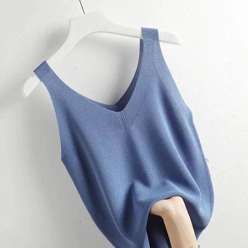 Plus Knit Tank Top V-Neck Ice Silk Sleeveless 2026 Summer Clothing Vests for Women Korean Fashion Loose Elegant Casual Cami Top