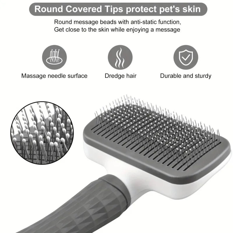 Pet Grooming Brush with One-Click Hair Removal, Bent Needle Massaging Comb for Dogs & Cats