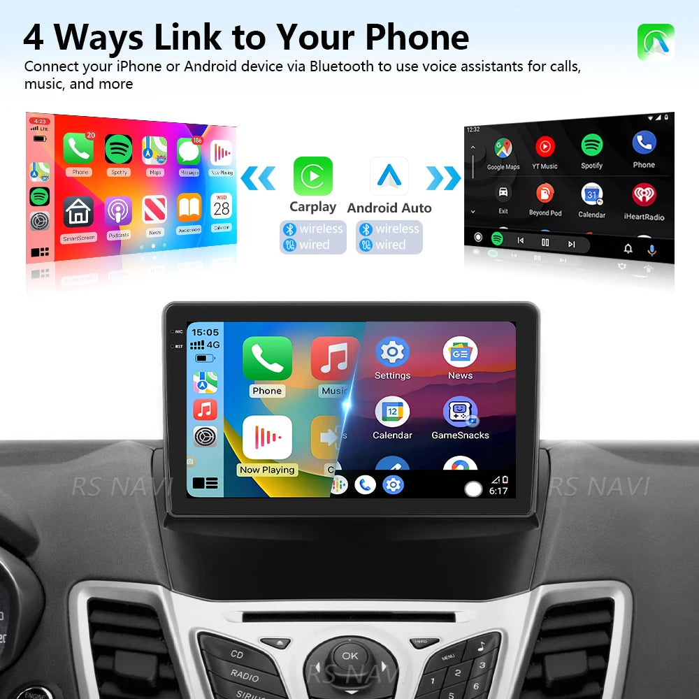 Plug and Play Android 16 Carplay Auto Qualcomm Screen Car Radio Player For Ford Fiesta 2011-2015 GPS DSP Stereo BT Navigation 4G