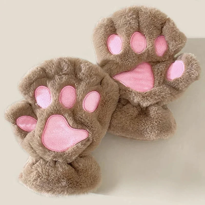 Women's Cat Paw Plush Mittens, Fingerless