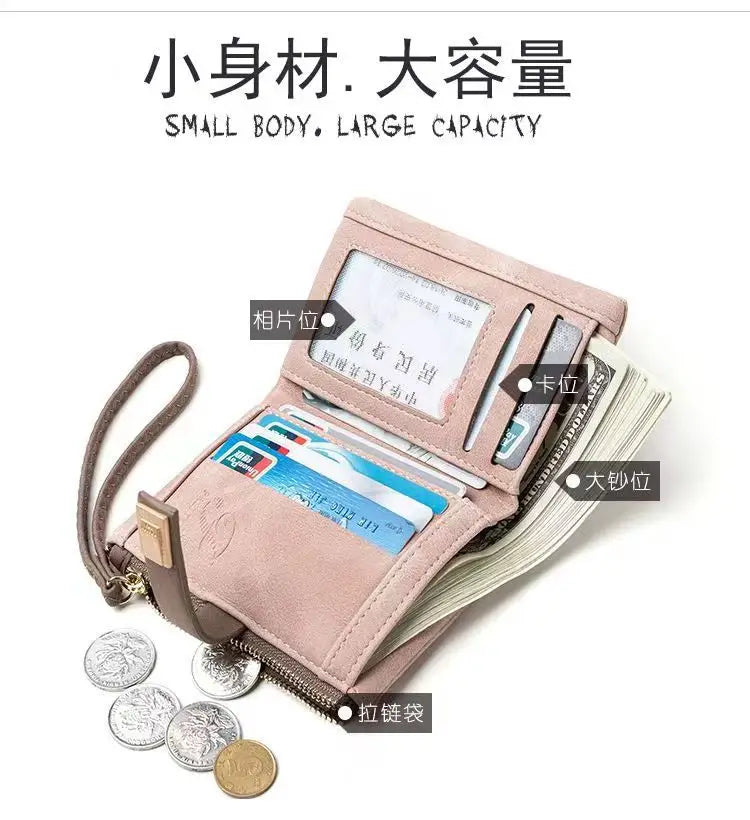 Spring/Summer 2026 new women's short wallet, high-quality PU hardware leaf buckle, solid color zipper, student coin coin purse,