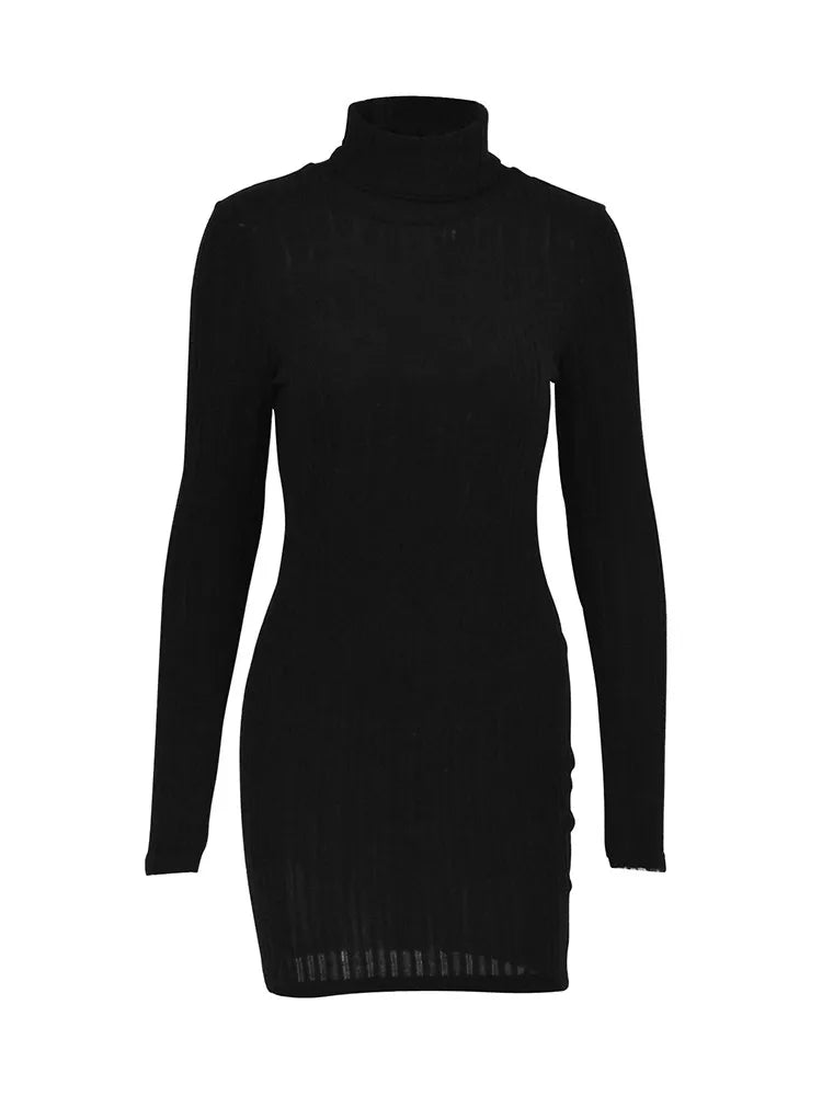 Autumn Women Mini Dresses For Solid Long Sleeves Turtleneck Sexy Bodycon Sheath Dress Club Elegant Party Dress Pullover Clothing
