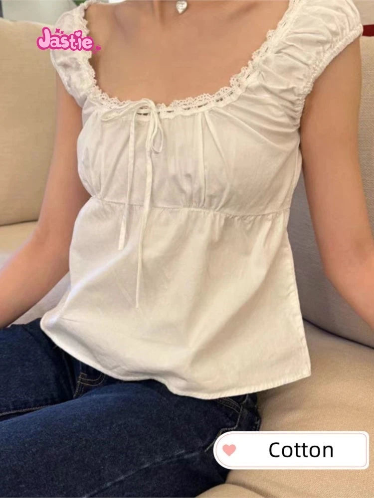 White Lace Tied Square Neck Summer T-shirts Chic Elegant Short Sleeve Tee Cotton Y2K Street Casual Bow Tie-up Top Women