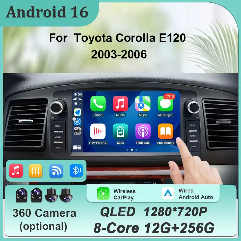 7"Android Car Radio for Toyota Corolla E120 2003-2006 Wireless CarPlay Android Auto GPS WiFi BT FM HD Touch Screen Stereo Player