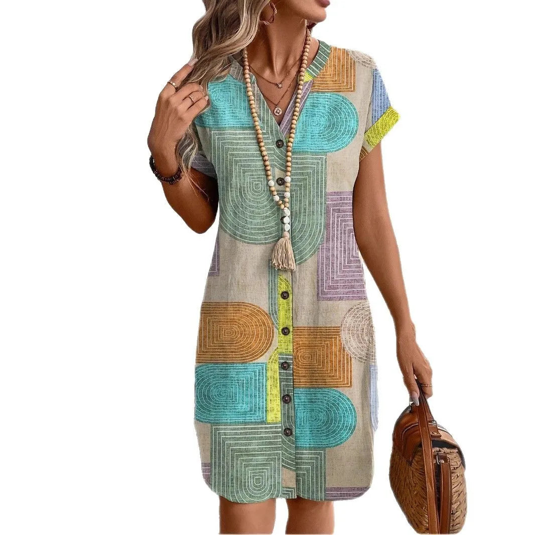 2026 European and American women's clothing foreign trade Amazon summer geometric printing elegant V-neck button up dress