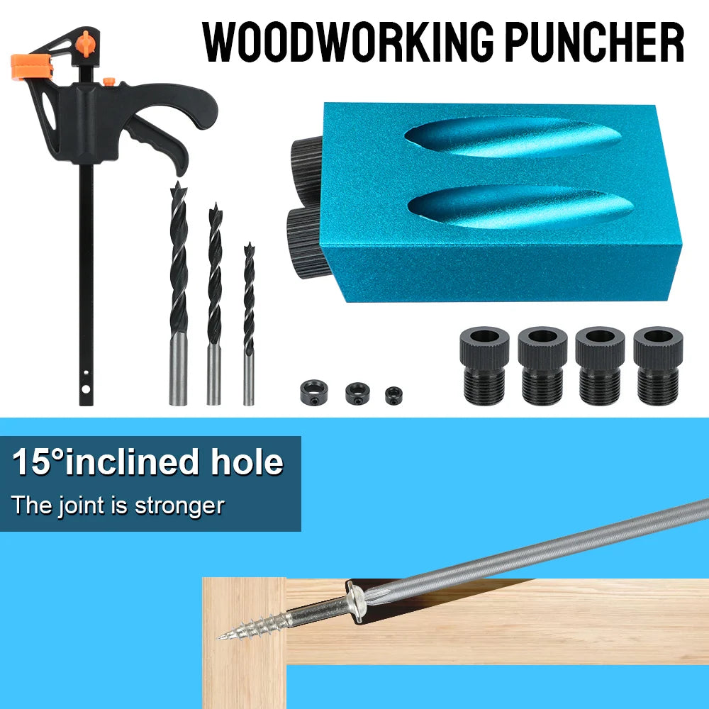 15 Pc Pocket Hole Jig Kit with Drill Bit, 15° Woodworking Guide