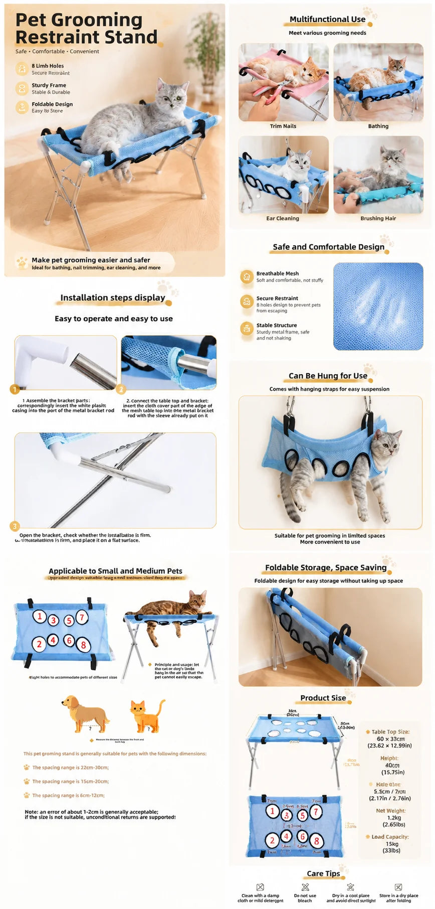 Foldable Pet Grooming Hammock Stand for Dogs and Cats