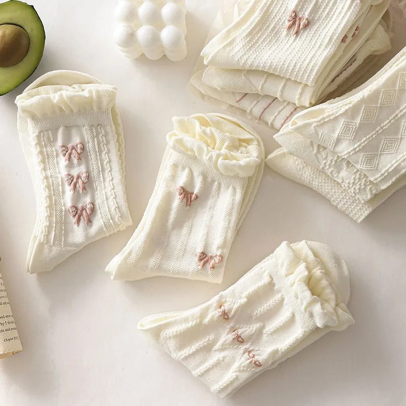 Women's Mid-Tube Socks 5/10 Pairs - Cute Bow & Floral