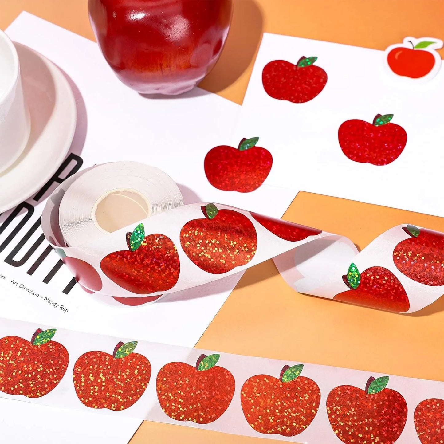 100-500pcs Laser Red Apple Stickers Party Gift Wrapping Label Scrapbook Cartoon Kids Rewards Stationery Stickers
