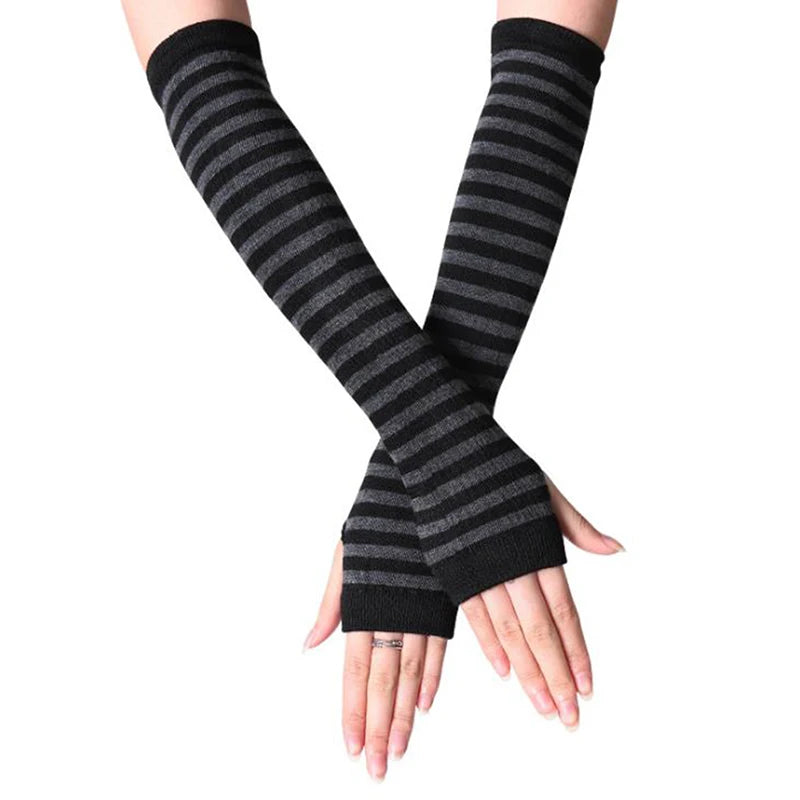 Women's Striped Knit Arm Warmers - Long Fingerless Gloves - photo 11