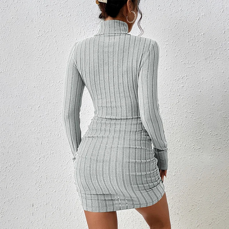 Autumn Women Mini Dresses For Solid Long Sleeves Turtleneck Sexy Bodycon Sheath Dress Club Elegant Party Dress Pullover Clothing