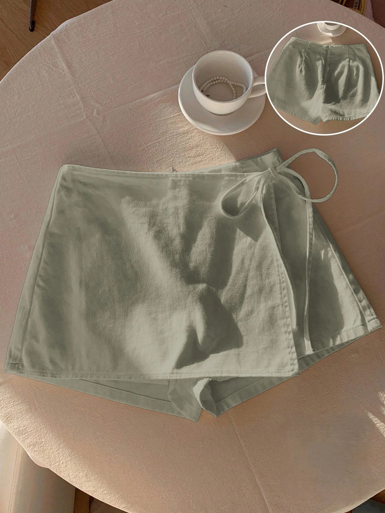 Ladies New Spring Summer Linen Solid Color Casual Sports Elastic Waist Drawstring Belted Skort for Spring Summer