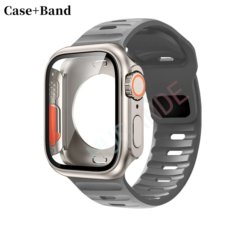 Silicone strap For Apple Watch 44mm 45mm 41mm 40mm Bracelet+Screen protectores Change to Ultra For iWatch Series 9 8 7 SE 6 5 3
