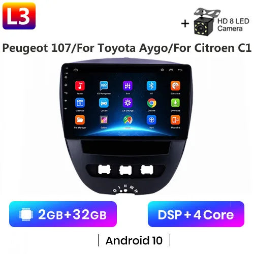 Android 10 2 Din Car Multimedia Player For Peugeot 107 Toyota Aygo Citroen C1 2005-2014 Head Unit Stereo GPS Navigation BT WIFI