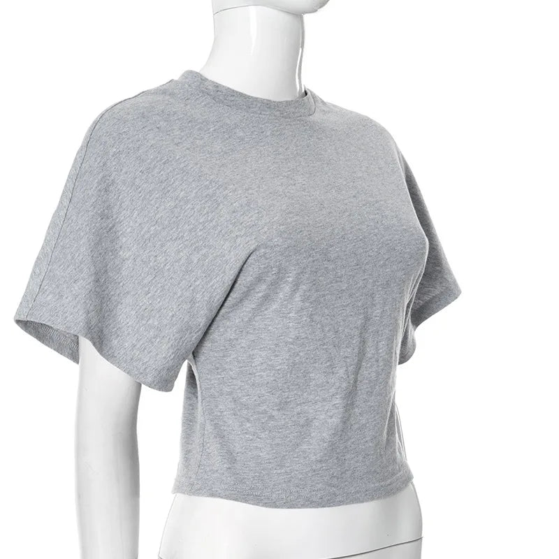 Fashion Casual Solid Gray Cropped T-shirt 2026 Woman Clothes O-neck Corset Tops Streetwear Girls Spring Summer Short Tee Shirts