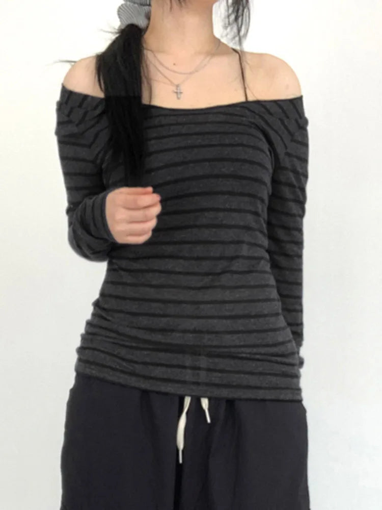 Harajuku Basic Slim Long Sleeve Stripe Tee Off Shoulder O Neck Korean Street Style Spring Autumn Y2K Women's Gray T Shirt