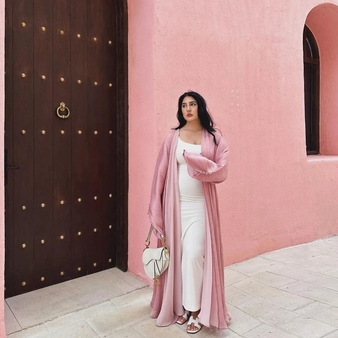 Eid Silky Abayas for Women Muslim Jalabiya Ramadan Robe Dress Button Sleeve Ramadan Caftan Party Dresses Vestido Largo Cardigan