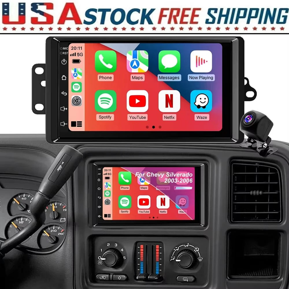 7inch Android 13 Touch Screen Car Stereo Radio 2+64GB GPS Navigation For Chevy Silverado 1500/2500/3500 2003-2006 Tahoe 2003-2006 GMC Sierra 1500/2500/3500 2003-2006 Yukon 2004-2006 Support CarPlay Backup Camera Bluetooth AHD