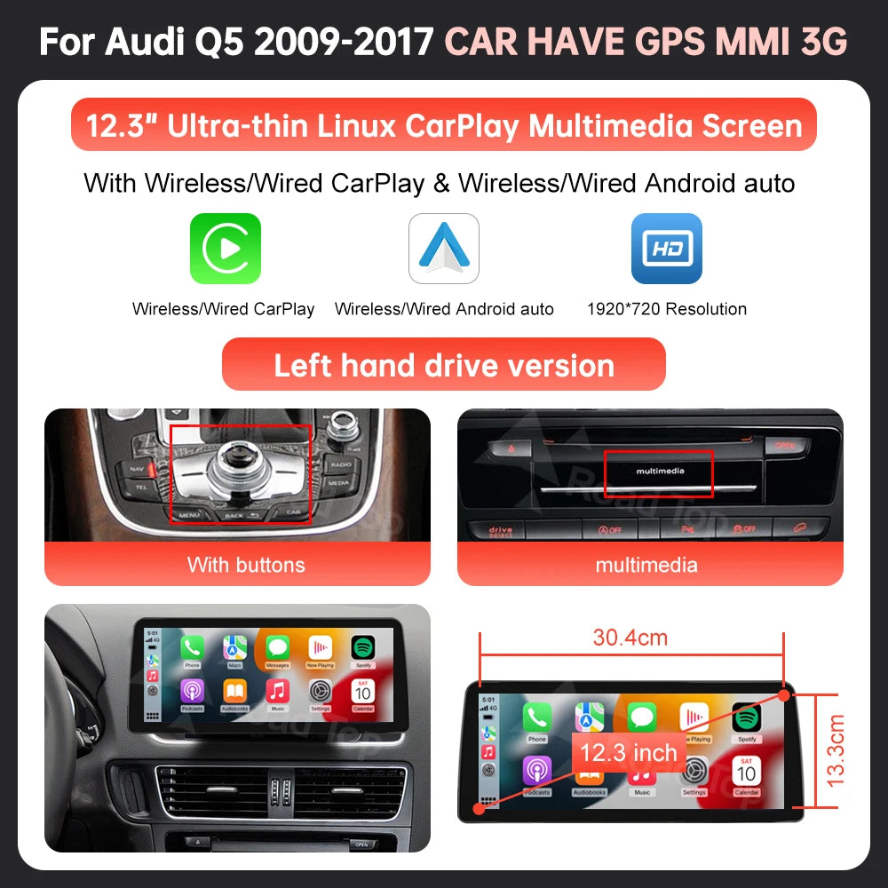 Wireless CarPlay & Android Auto Display Screen, Compatible with Audi Q5 (2009-2017)