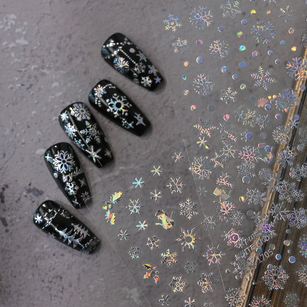 12Pcs/set Laser Silver Snowflake Nail Stickers Set  3D Winter Elk Snowflake Nail Art Decoration DIY Holographic Snowflake Slider