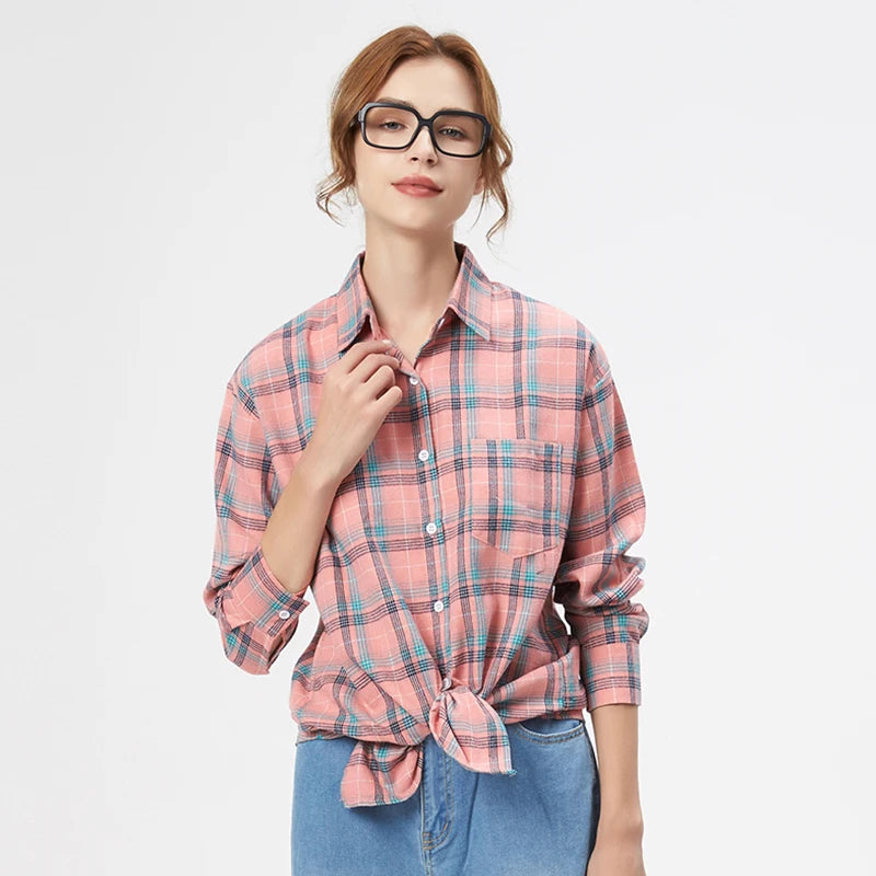Women's Plaid Long Sleeve Shirt - Loose Casual Button-Up Blouse - photo 26