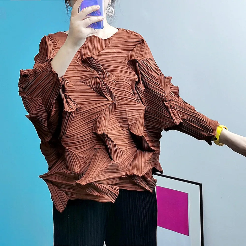 Miyake-Style Pleated T-Shirt - Women's Loose Round-Neck Summer Top