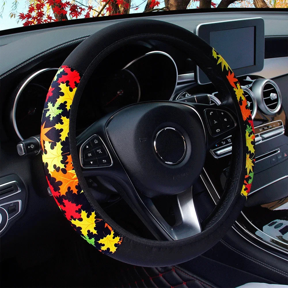 38cm Elastic Car Steering Wheel Cover Ethnic Style Print Anti-slip Car Styling Car Steering-wheel Cover Interior Accessories