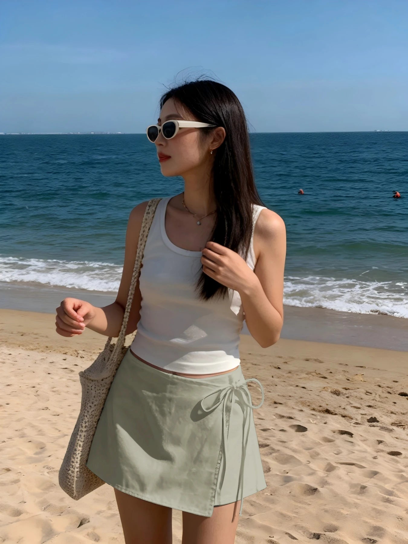 Ladies New Spring Summer Linen Solid Color Casual Sports Elastic Waist Drawstring Belted Skort for Spring Summer