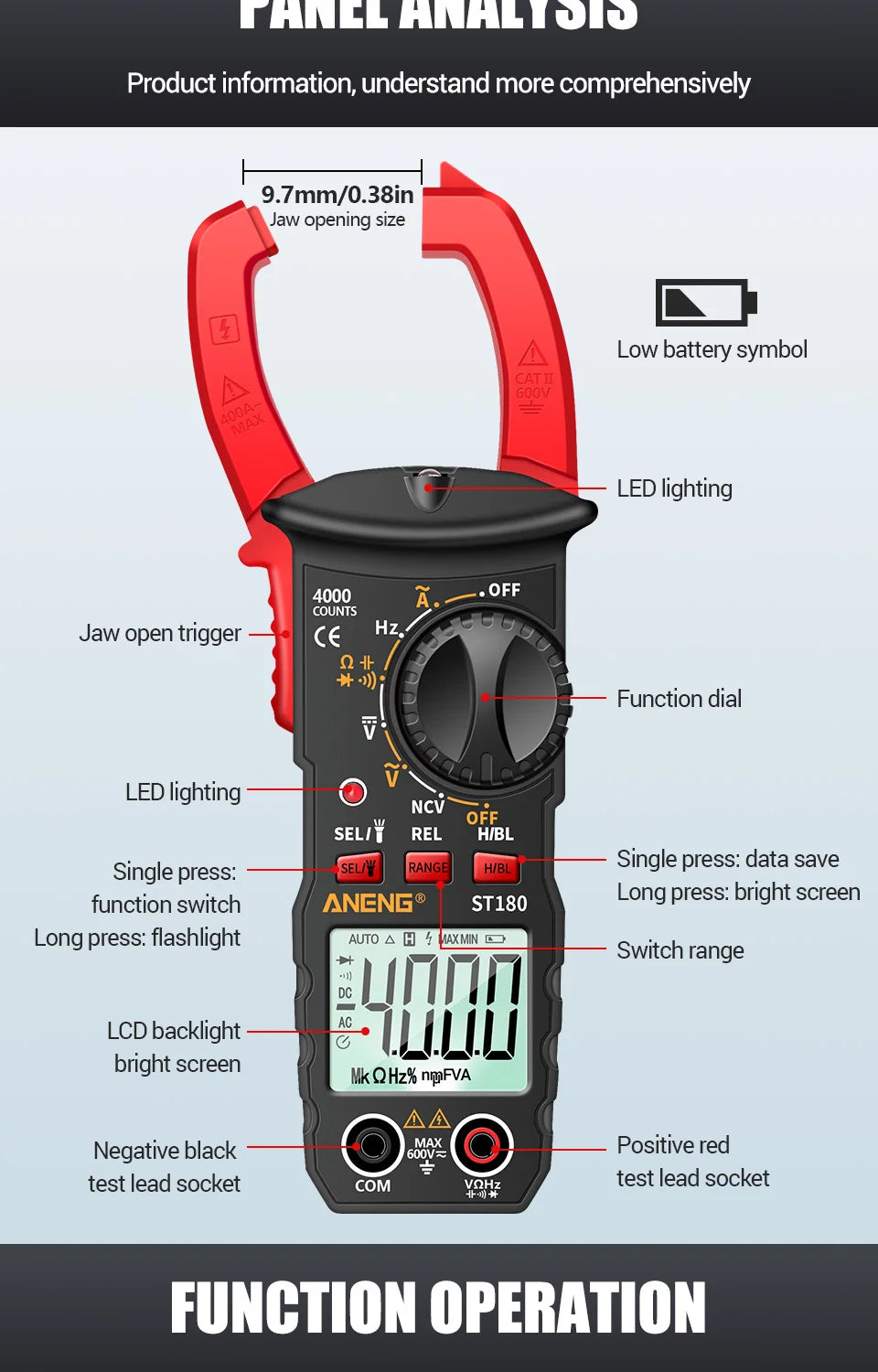 ANENG ST180 AC Current Clamp Meter  Digital 4000 Counts Multimeter Ammeter Voltage Tester Car Amp Hz Capacitance NCV Ohm Tool