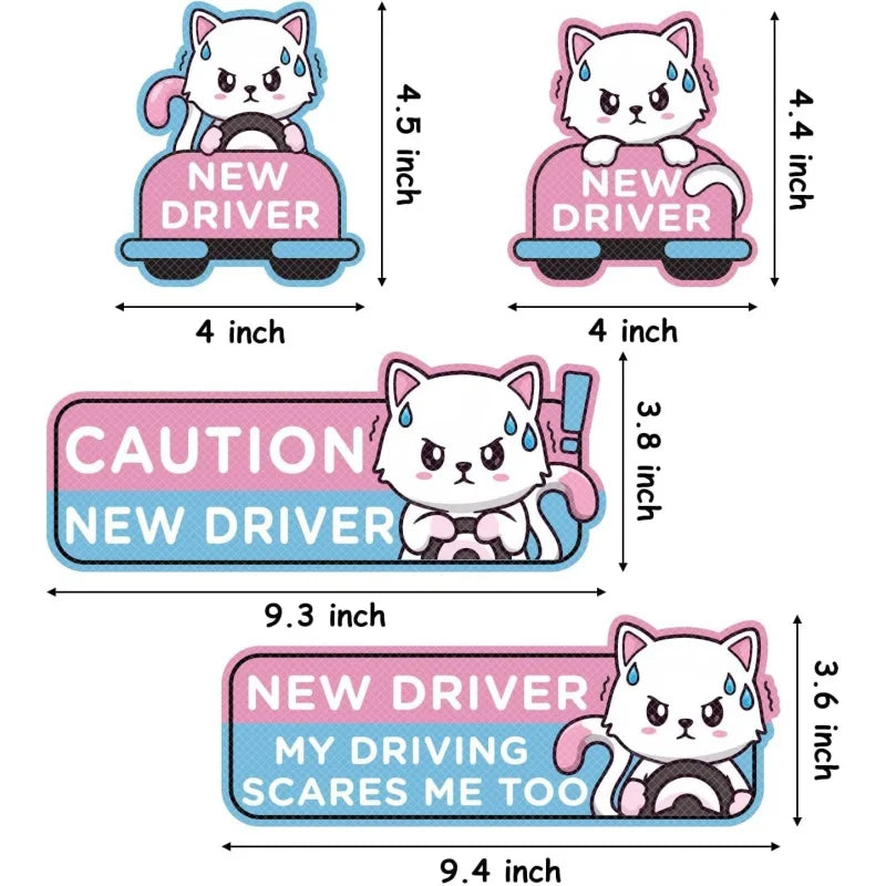 Cartoon Cat Student Driver Car Magnet – Cute Reflective New Driver Safety Bumper Sticker (Reusable)
