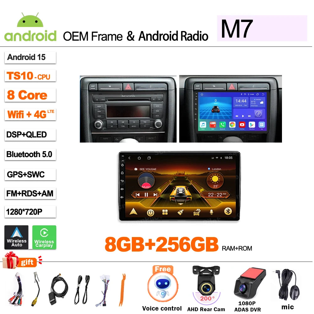 Android Car Stereo for Audi A4 B6 B7, S4, RS4 & Seat Exeo (2002–2009) — CarPlay, Bluetooth, 2-DIN