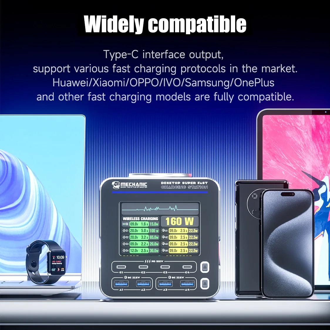MECHANIC G-POWER Series 115W/160W Desktop Super Fast Charging Station Type-C USB Port 15W PD QC3.0 GaN Wireless Charging Support