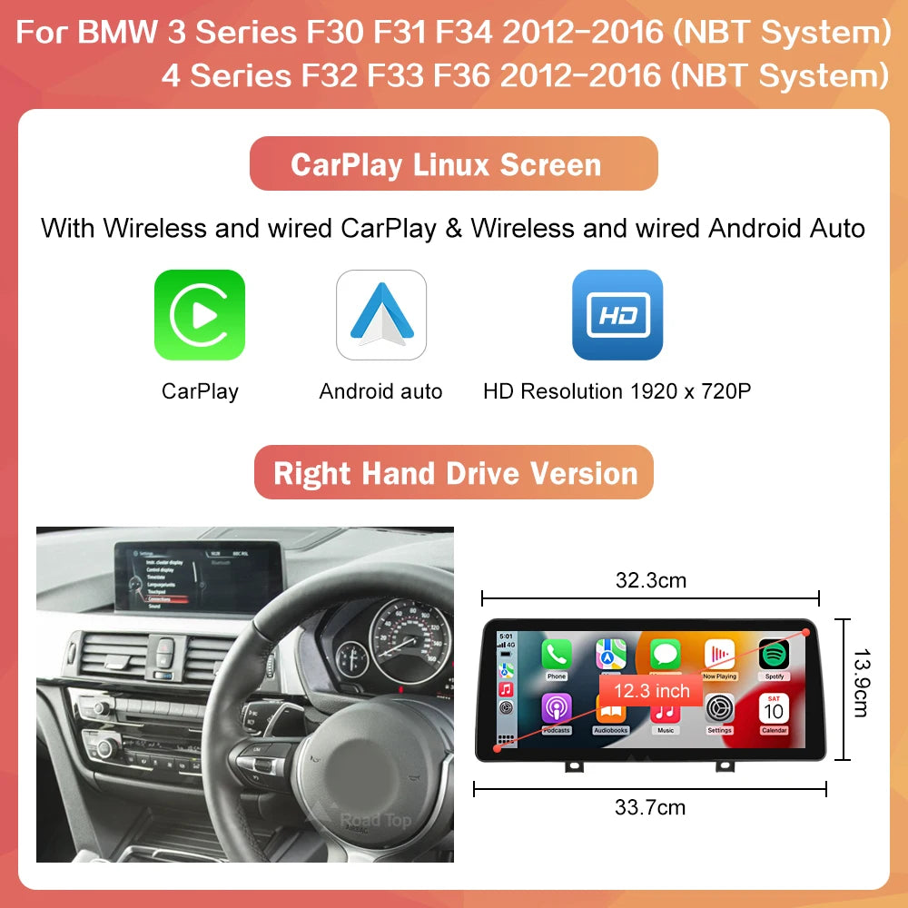 10.25" Wireless CarPlay & Android Auto Display for BMW 3/4 Series F30 F31 F32 F33 F34 F36 NBT — 1920×720 Touchscreen
