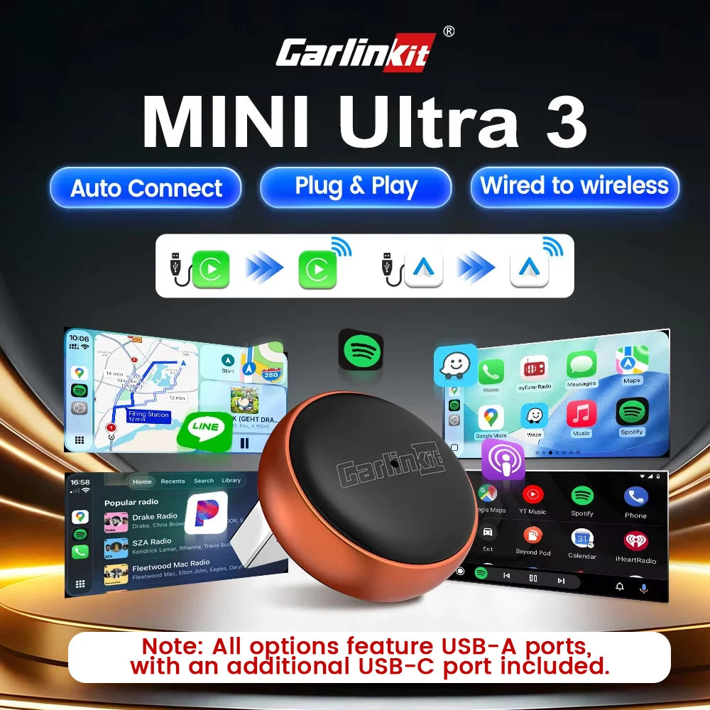 CarlinKit Mini Ultra 2-in-1 Wireless CarPlay & Android Auto Adapter — 5GHz WiFi, USB-C/USB, Plug and Play