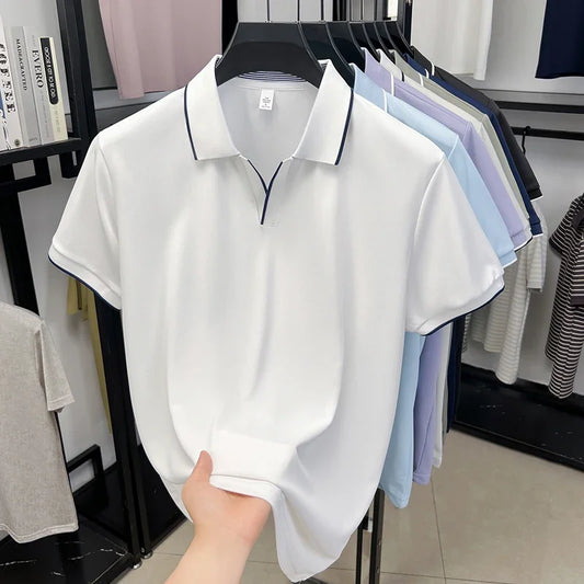 Men's Piping-Detail Polo - Soft Stretch, No-Button Placket