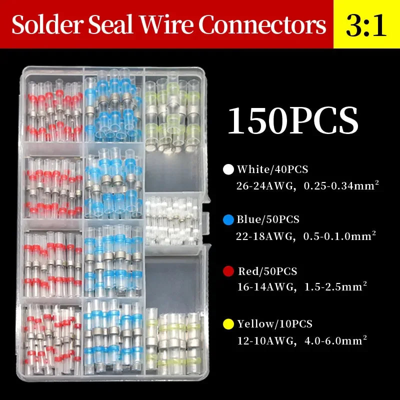 10 ~ 500pcs Solder Seal  Wire Connectors Kit Heat Shrink Butt Crimp Terminals Waterproof Electrical Cable Splice Connector