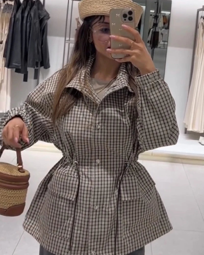 Women's Oversized Plaid Jacket - Long Sleeve Casual Autumn Coat - photo 3
