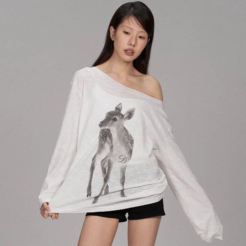 Kimotimo Summer Print Off Shoulder Long Sleeve T-shirt Women 2026 New Casual Transparent Loose Lazy Top Kpop Fashion Y2k Tees