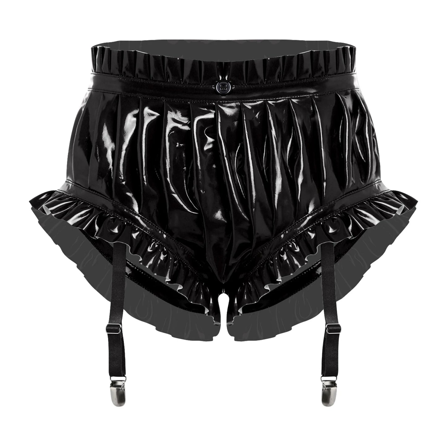 Womens Wet Look Lingerie Latex Shorts Patent Leather Ruffle Trim with Garter Clips Ruched Bloomer Shorts Glossy Rave Clubwear