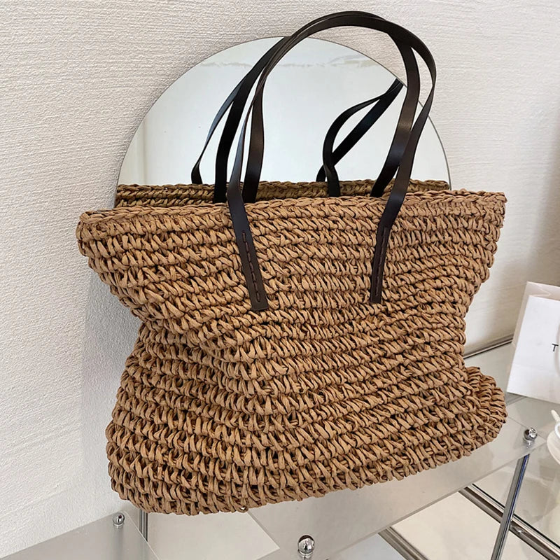 Women's Rattan Straw Beach Tote - Handwoven Large Summer Bag