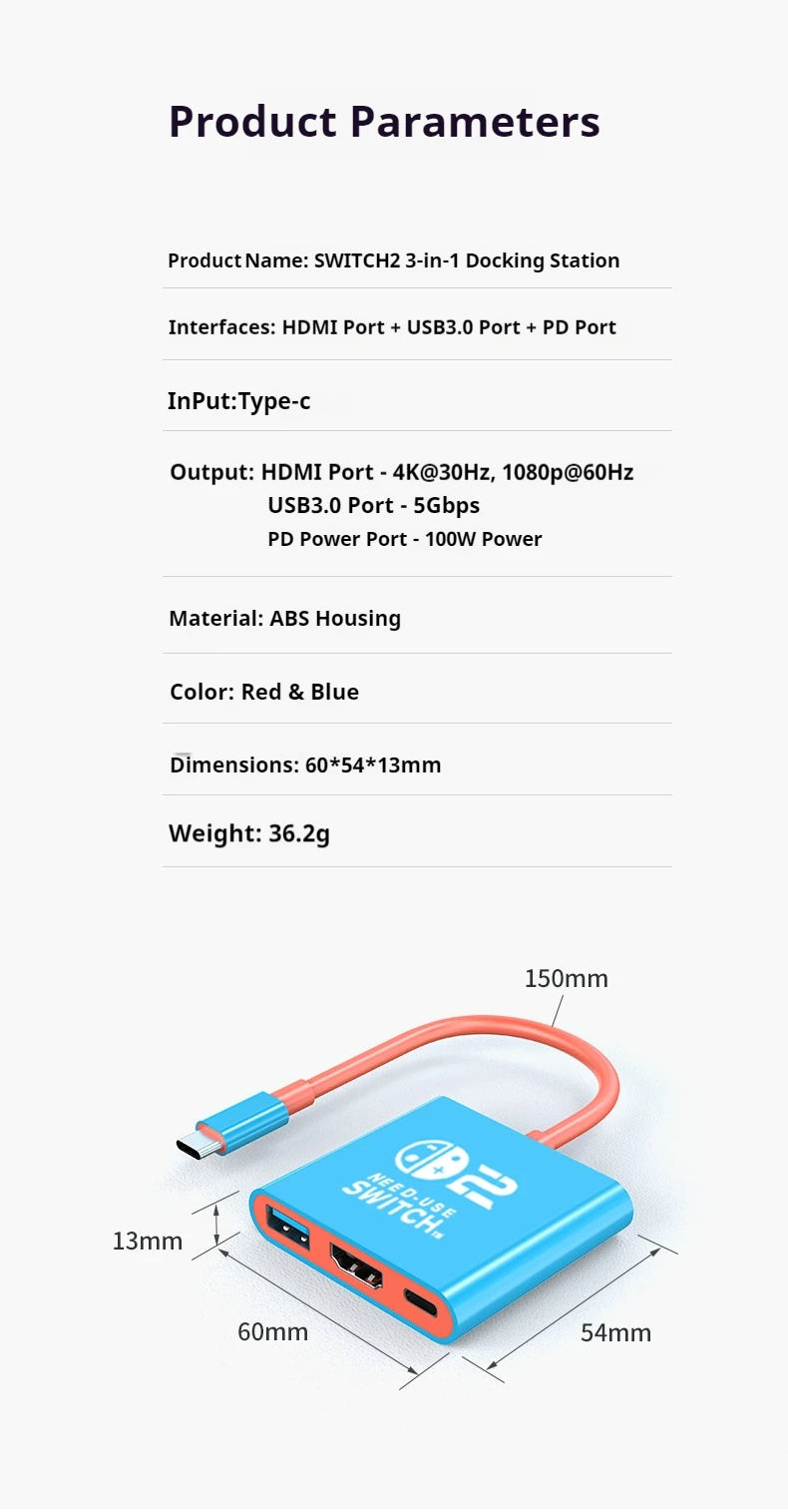 Docking Station for Nintendo Switch 2,4K 60Hz TYPE-C Hub with HDMI and USB-C 3.0 PD100W Charge Perfect for Switch 2/Switch/OLED