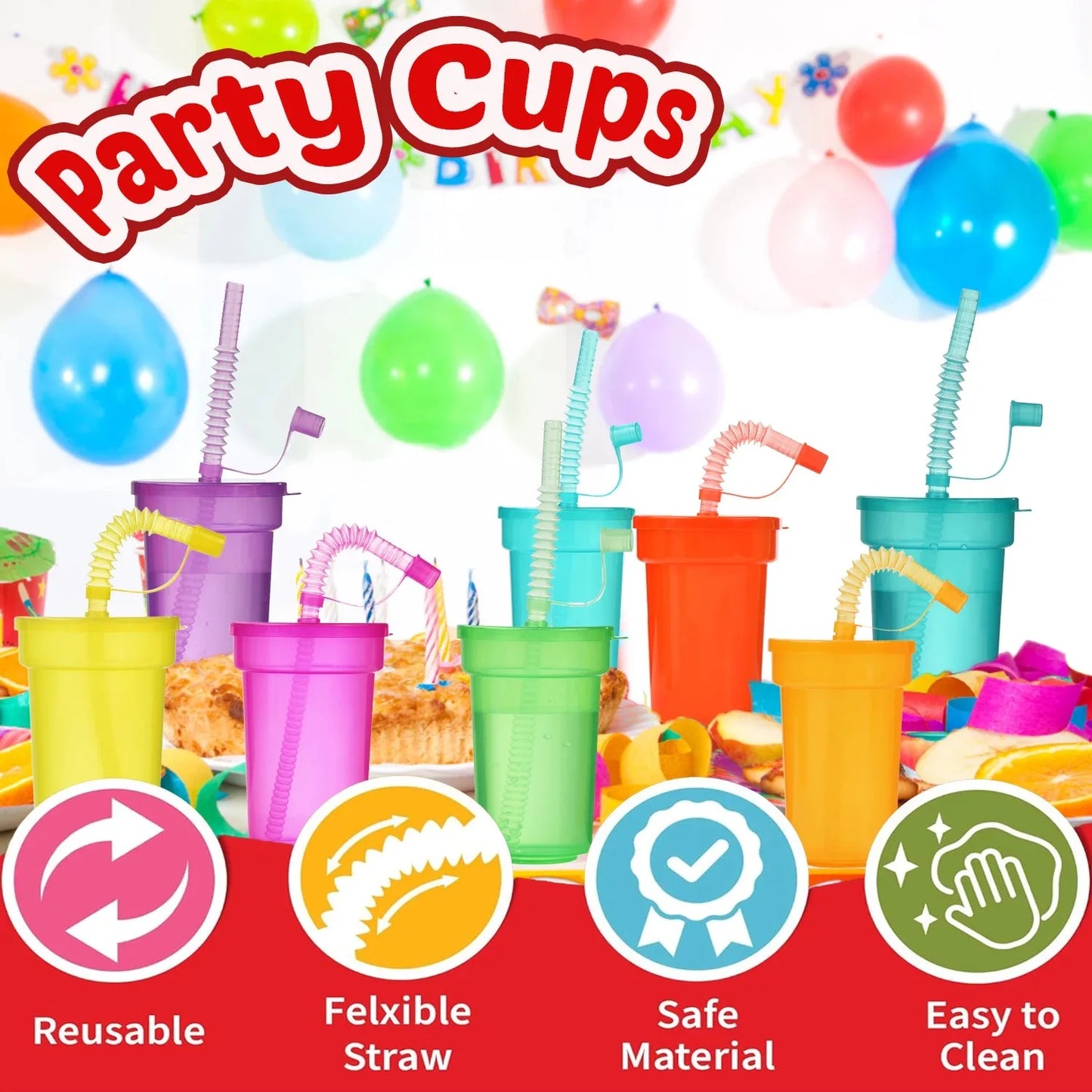 1-30PCS Neon Sipper Cups - Colorful Spill-Proof Cups with Lids and Straws - Ideal for School Events, Themed Parties and Birthda