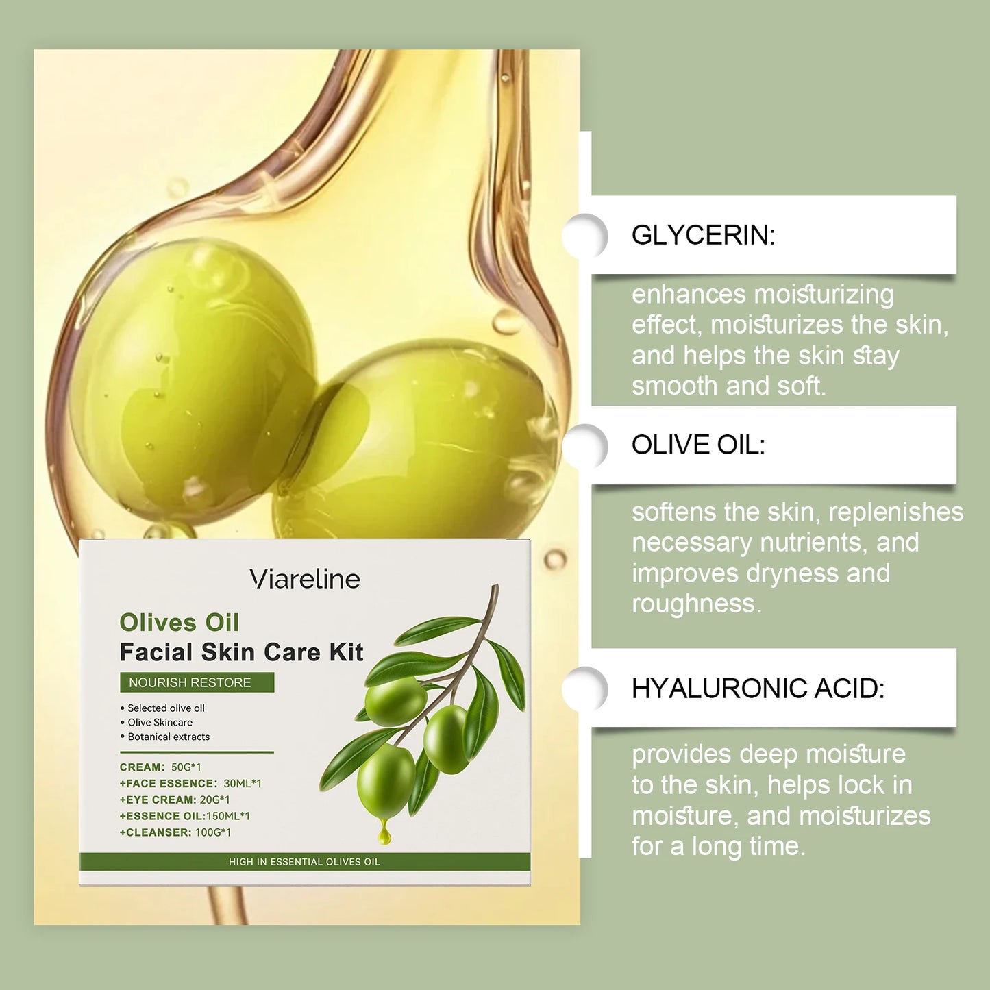 Olive Oil Facial Skincare Set, Hydrating & Soothing Dry Skin Care, Elasticity Boosting Treatment, Complete Routine