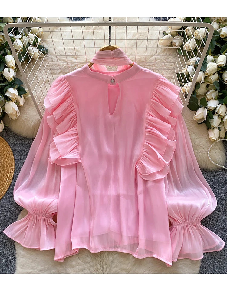 Women's Bow Chiffon Blouse - Ruffle Hem Long Sleeve Top - photo 5