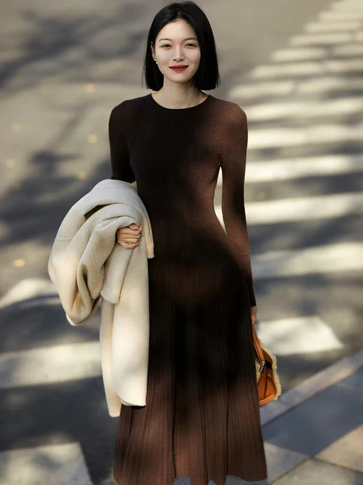 Women Sweater 100% Merino Wool Dress A-Line Pleated Skirts Spring Autumn Pullover Cashmere Thin Slim Flare Dress O-neck Knitwear
