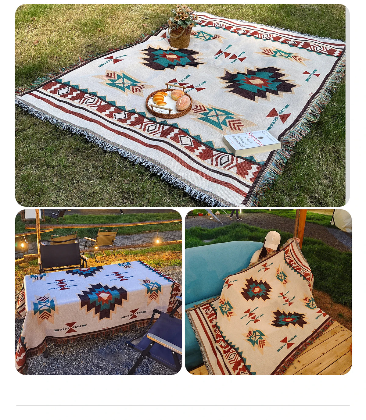 Aztec Boho Throw Blanket with Fringe
