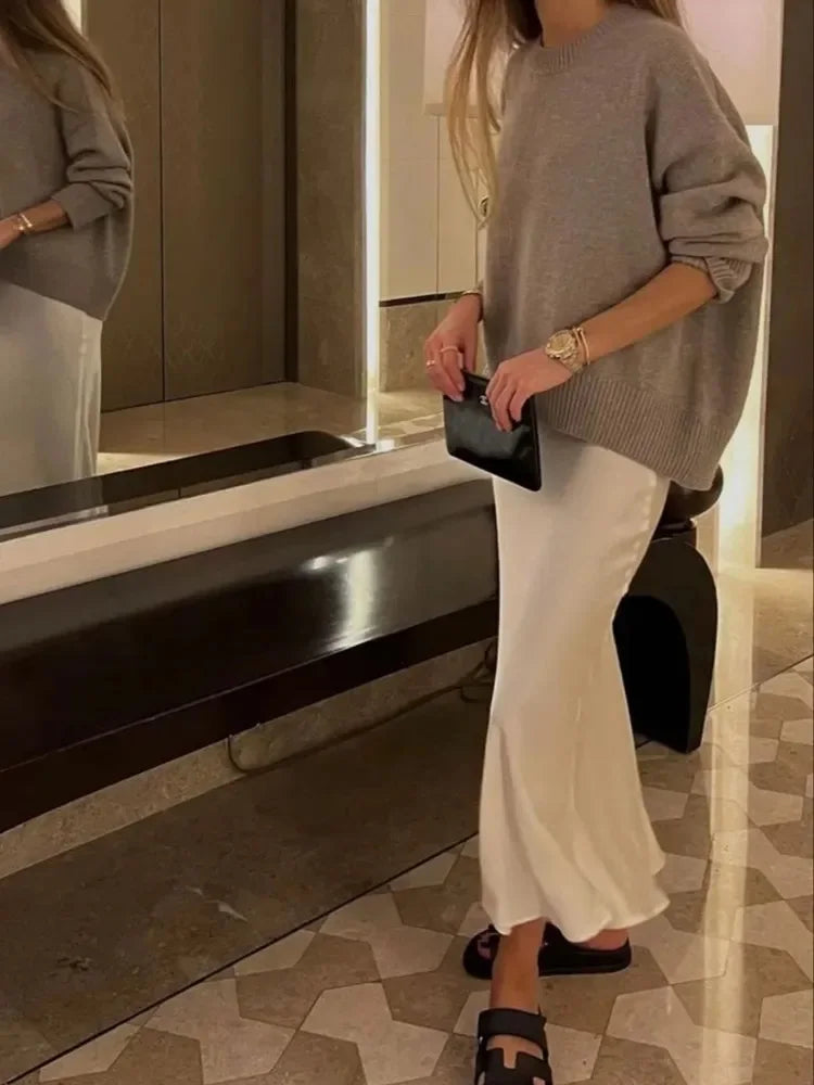 High-Waist Satin Midi Skirt – Elegant Office A-Line Skirt