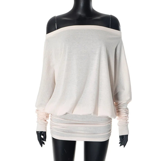 Women's Off-Shoulder Long-Sleeve Top — One-Shoulder Loose Summer Tee