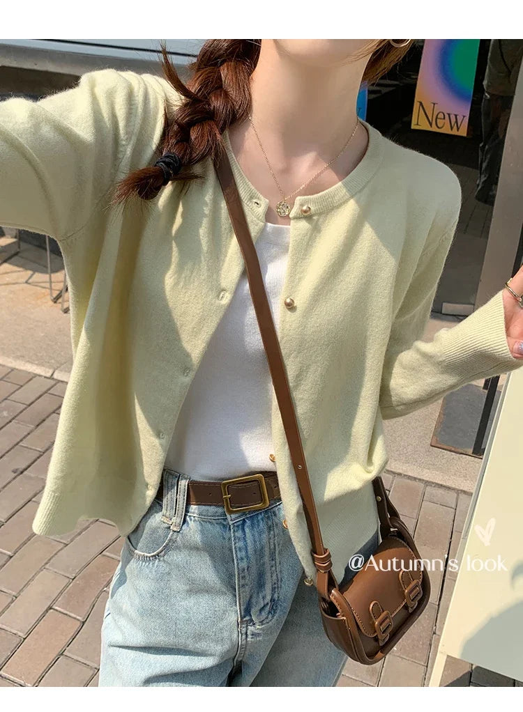 Women's round neck knit cardigan, button front — view 19 of 20